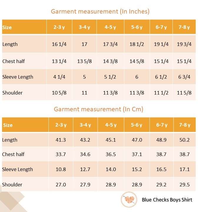 Size chart for a blue check boys shirt