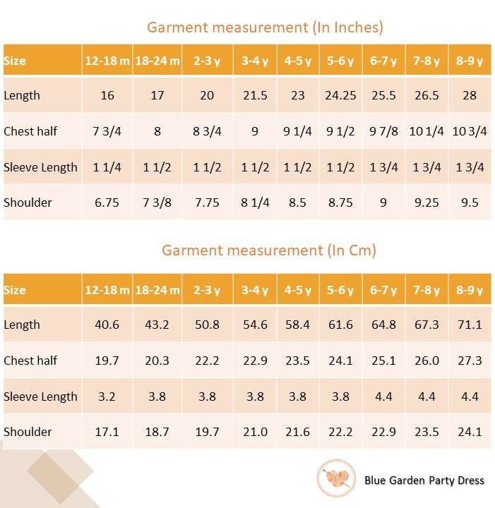 Size chart of blue chambray floral printed cotton dress with eyelet lace trims and ruffled hem