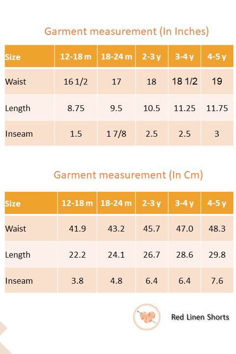 Size chart of blue checked boys' shirt with bold red chevron hand-embroidered front pocket and bright red buttons