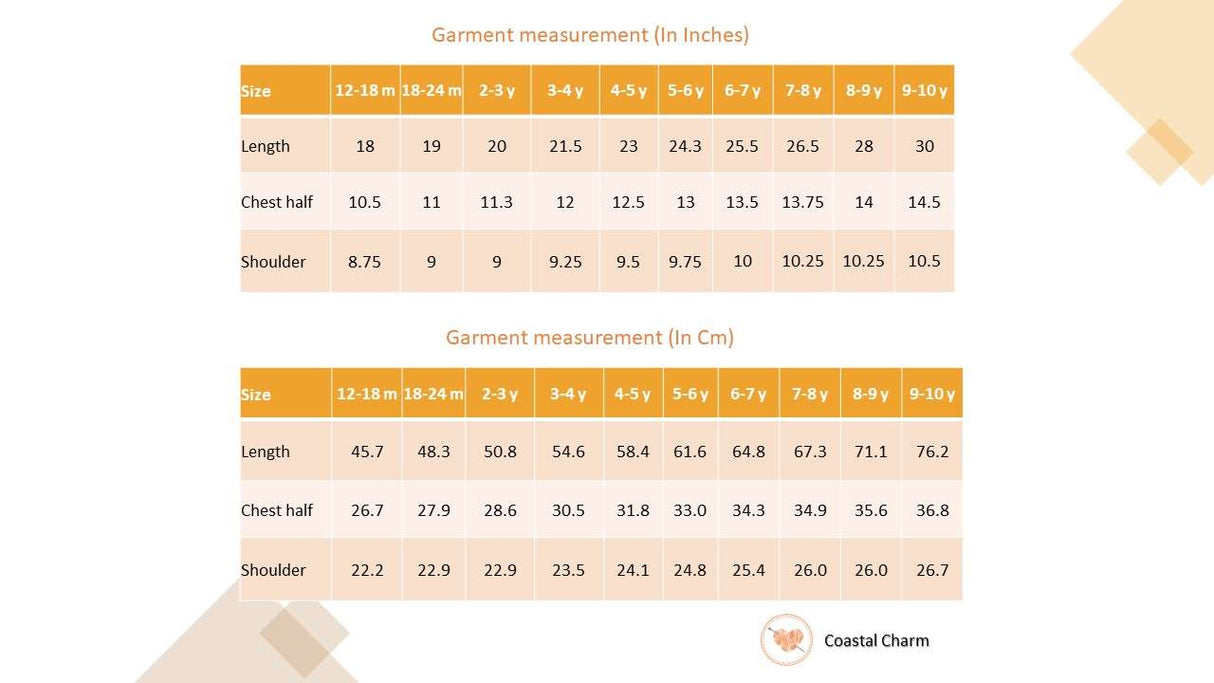 Size chart of blue stripe cotton dress with satin bows on the hem ruffle and bodice, a satin belt at the waist