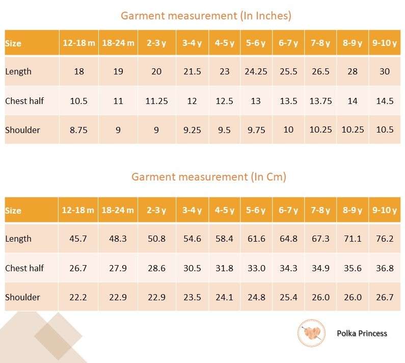 Size chart of sleeveless polka dot ivory cotton dress with red satin belt and hand embroidered bow embellishments