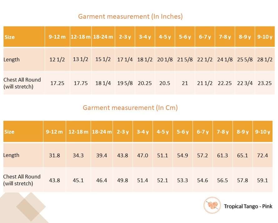 Size chart of of pink vibrant fruit print dress with lemons, tangerines and daisies and orange gingham trims