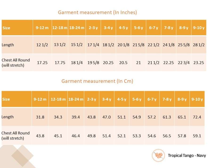 Size chart of fruit printed dress with orange gingham trims, shirred back and tie-up straps
