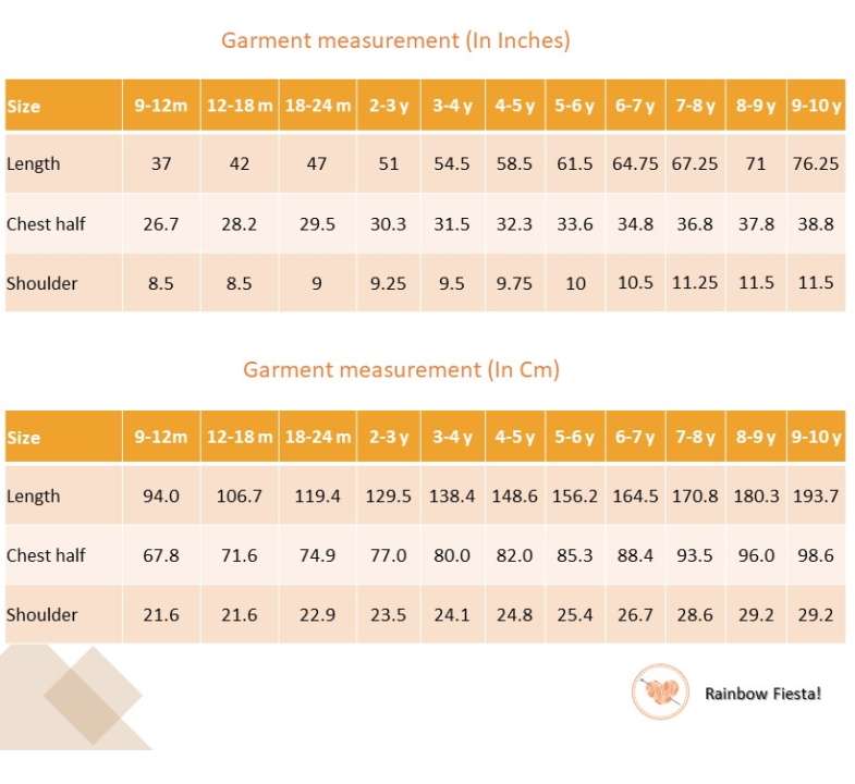 Size chart of sleeveless multi-color stripe dress with side ties, lace trims and a decorative thread bow