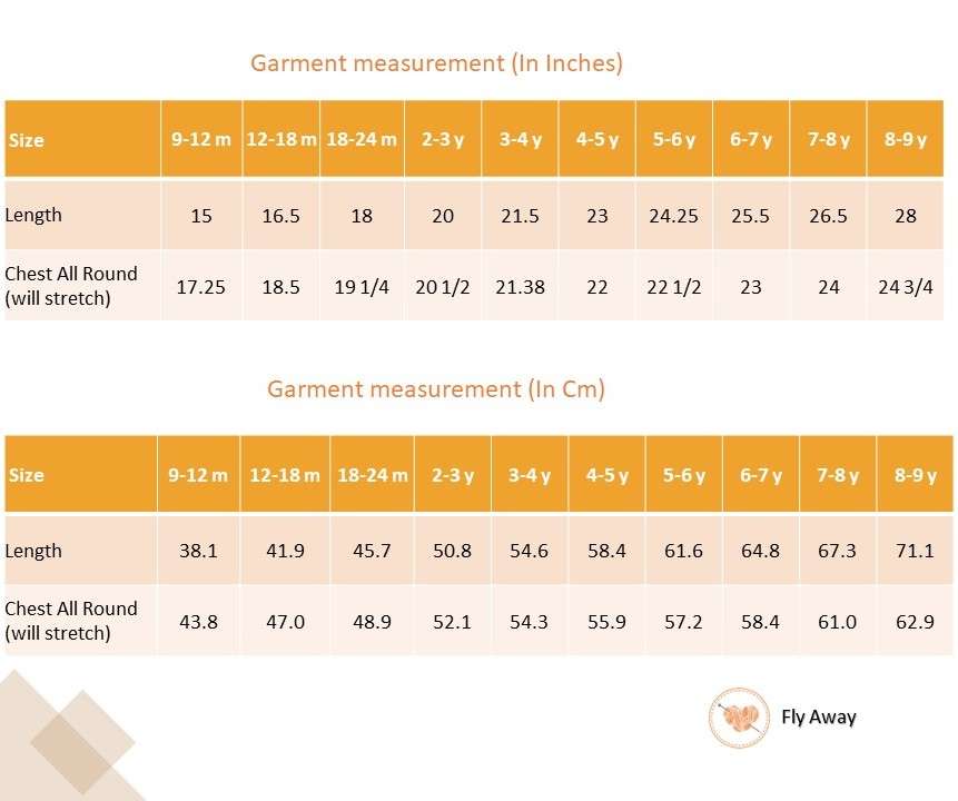 Size chart of strappy shoulder dress with blue bird print and tiny ruffles on the shoulder straps in navy dot fabric