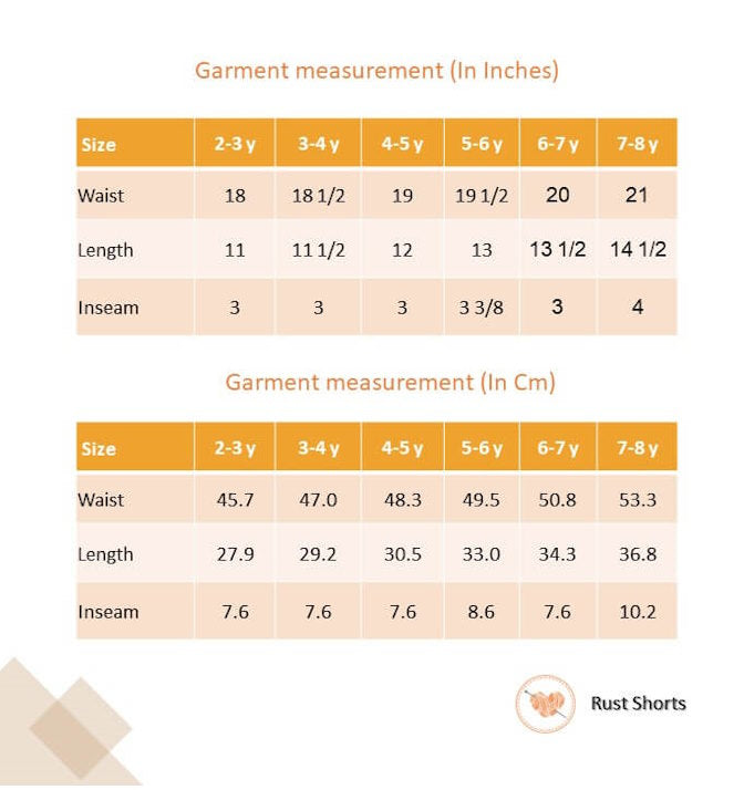Size chart for rust shorts