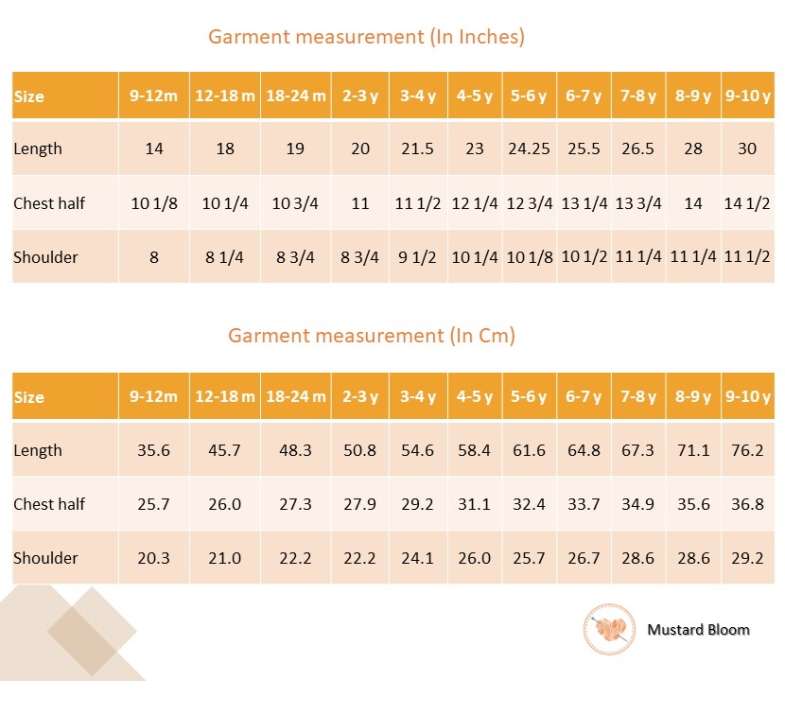 Size chart of sleeveless golden yellow dress with a 'Toran' hand embroidered yoke and hem ruffles