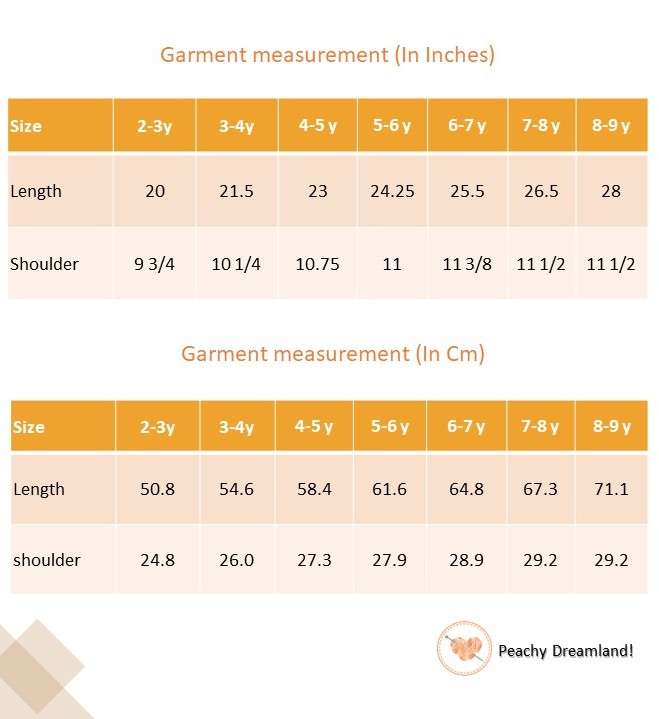 Size chart of peach gauze dress with hand-embroidered flowers in the yoke, ivory lace trims and a ruffled hem