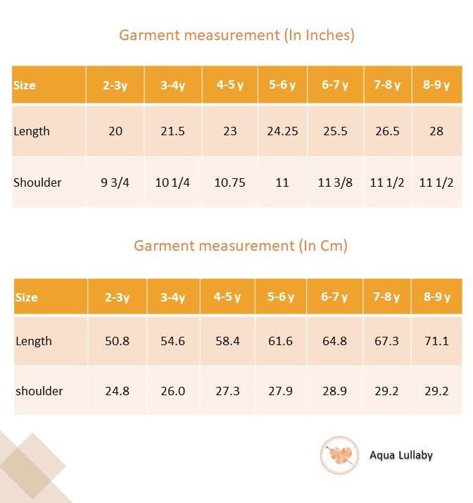 Size chart of aqua double gauze fabric dress with hand-embroidered flower details in the yoke with ivory lace trims