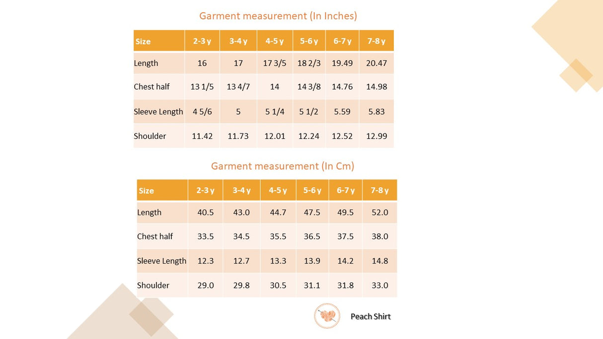 size chart for the orange geometric print boys' shirt