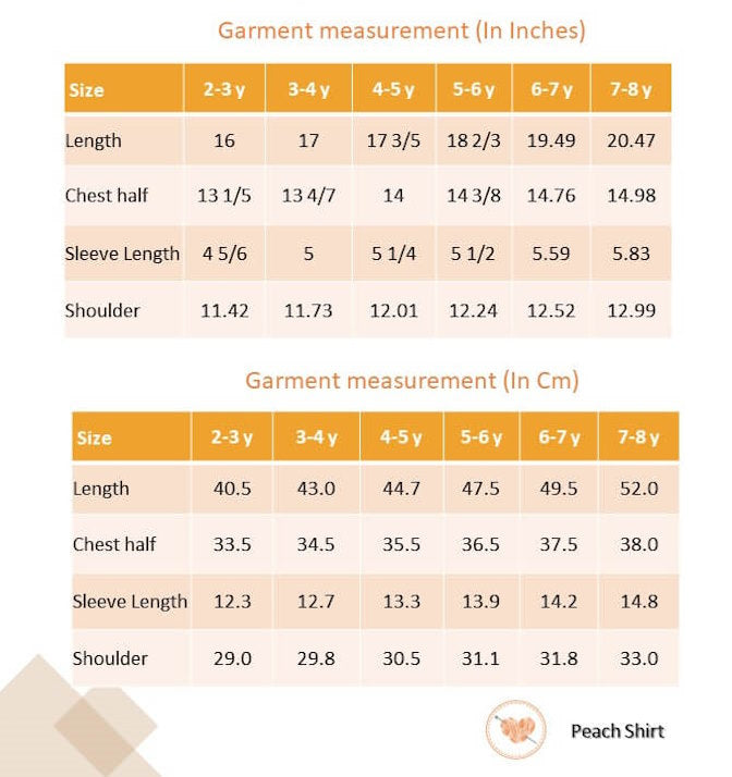 Size chart for peach shirt