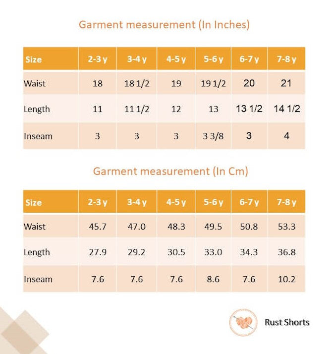 Size chart of rust shorts
