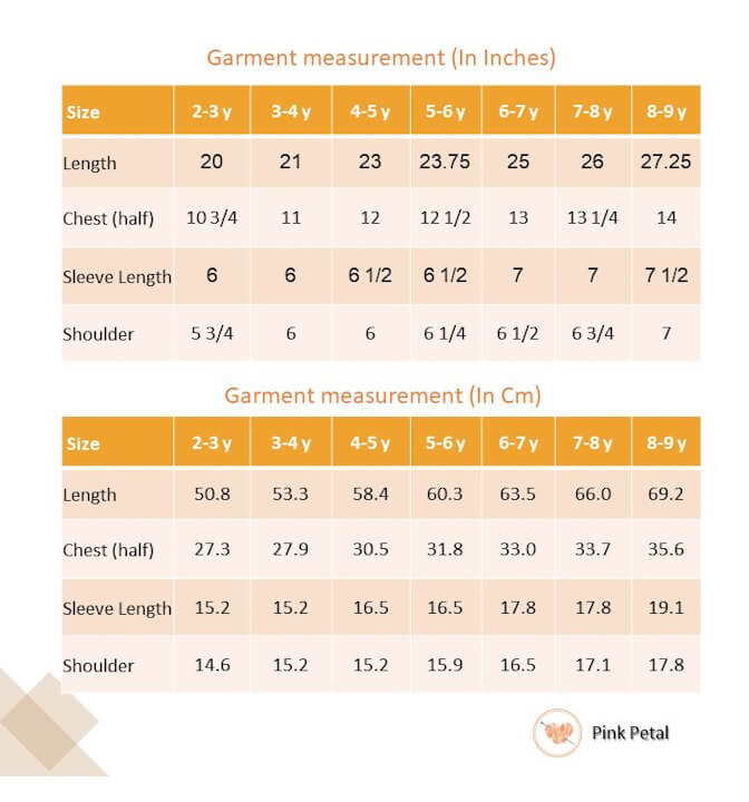 Size chart of pink chiffon floral dress