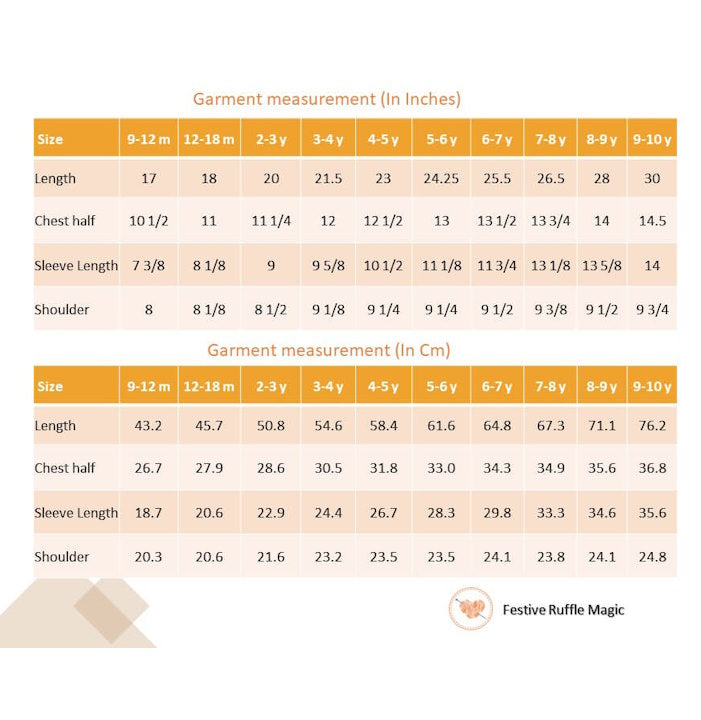 Size chart of pink and ivory chanderi ruffle dress