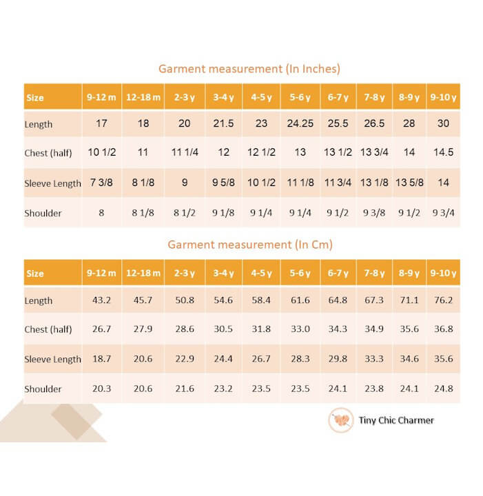 Size chart of cream and green floral printed ruffle dress