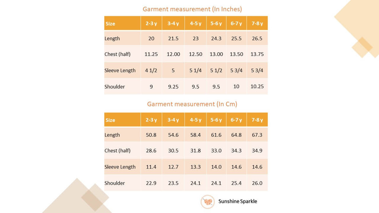 Size chart of a mustard bird embroidered tulle dress