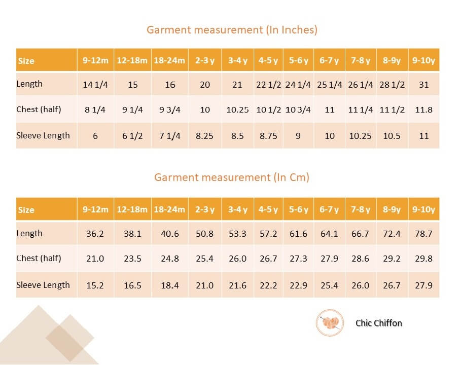 Size chart of an ivory floral chiffon dress