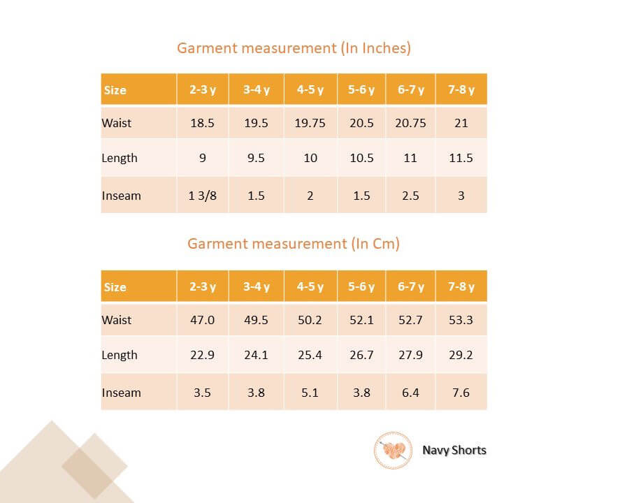 Size chart of navy cherry printed shorts