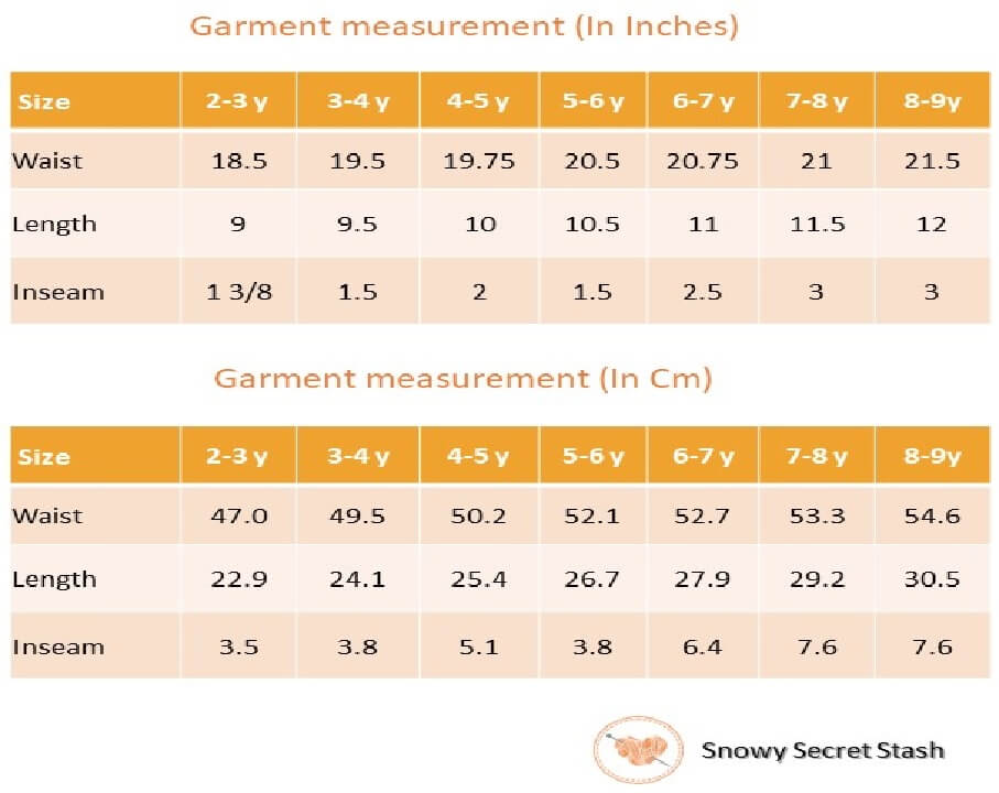 Size chart of white boat printed shorts
