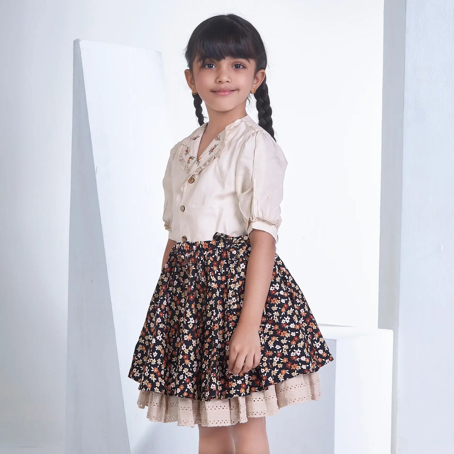 Cream Blouse With Floral Print Skirt Girls Dress Set