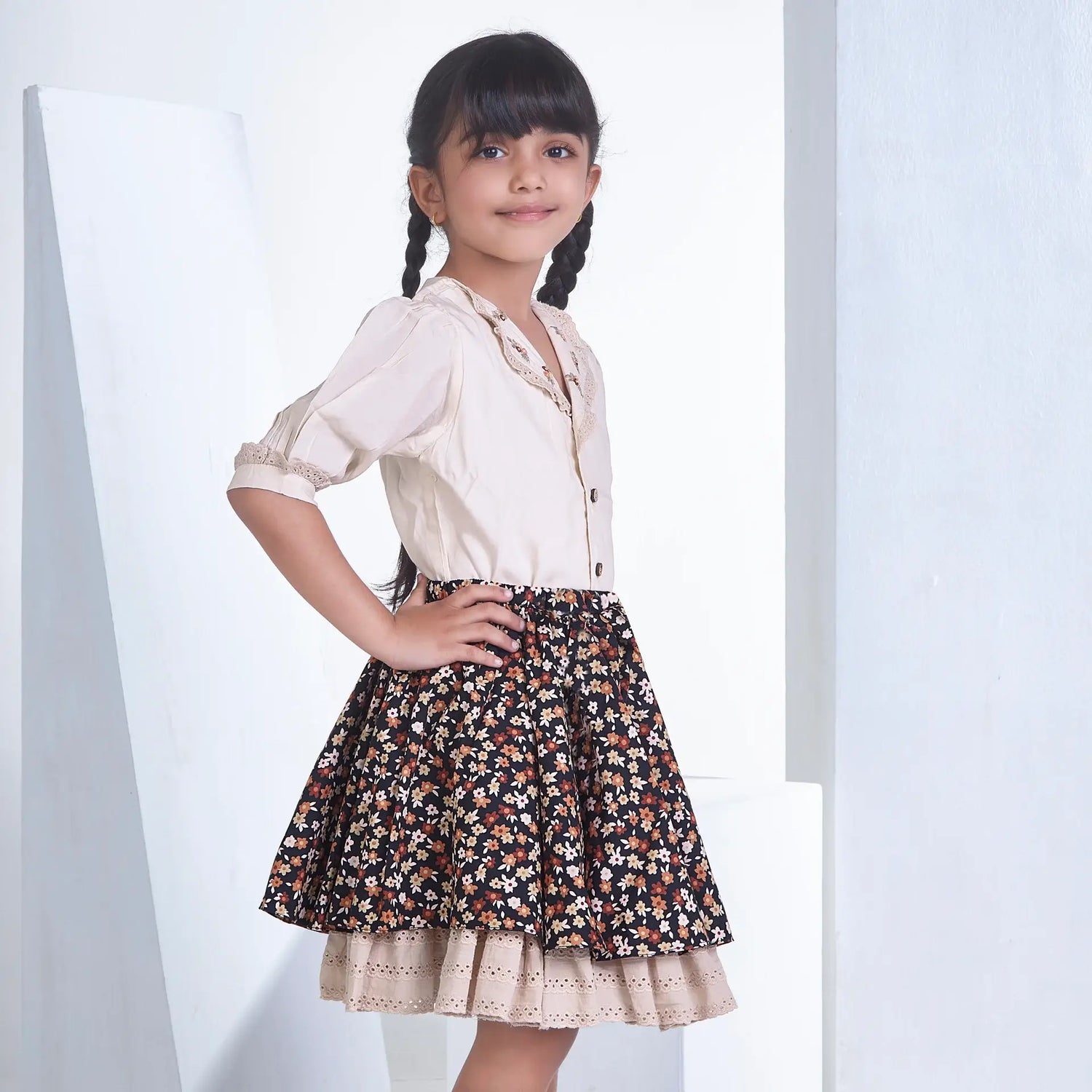 Cream Blouse With Floral Print Skirt Girls Dress Set
