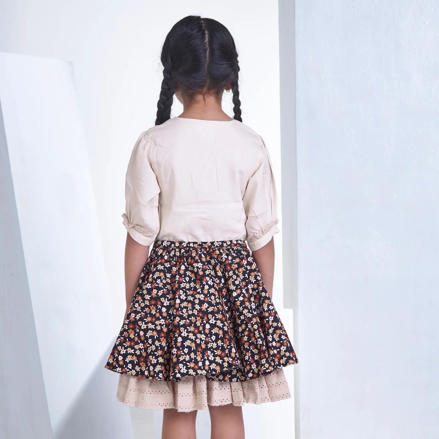 Cream Blouse With Floral Print Skirt Girls Dress Set
