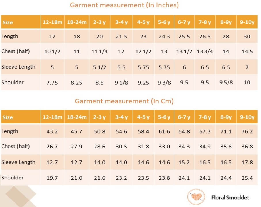 Size chart of floral chiffon smock girls dress