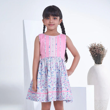 pink with floral print sleeveless girls summer dress