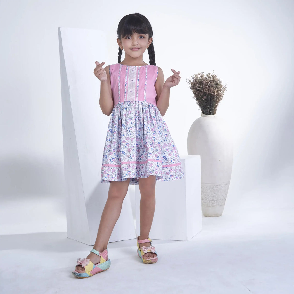 Pink With Floral Print Sleeveless Girls Summer Dress