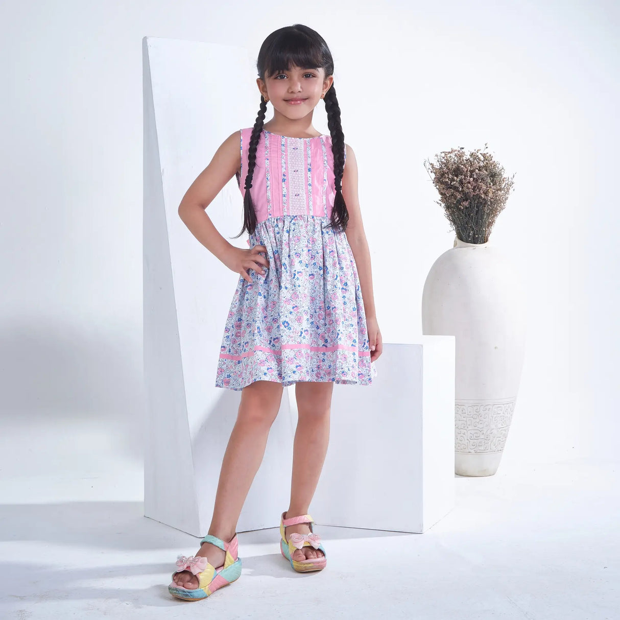 Pink With Floral Print Sleeveless Girls Summer Dress