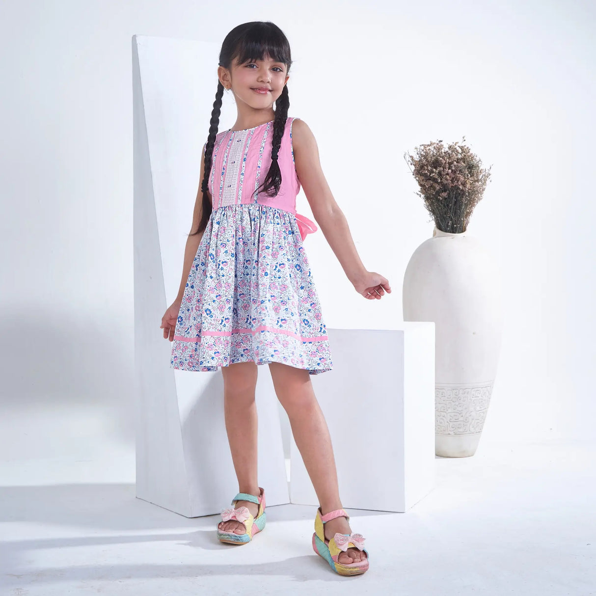 Pink With Floral Print Sleeveless Girls Summer Dress