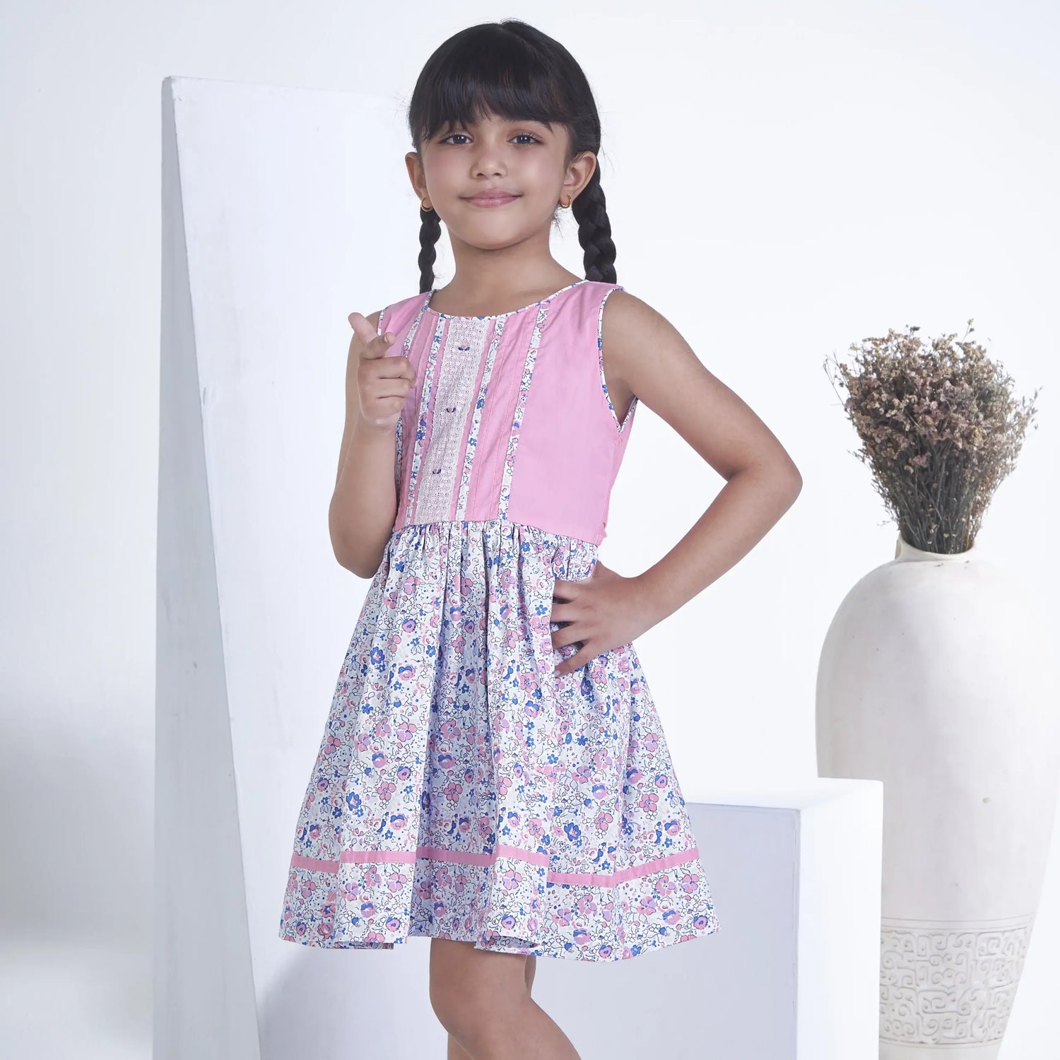 Pink With Floral Print Sleeveless Girls Summer Dress