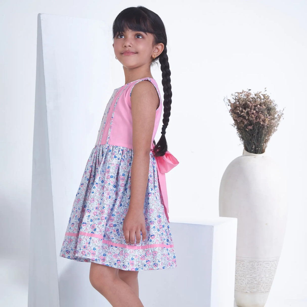Pink With Floral Print Sleeveless Girls Summer Dress