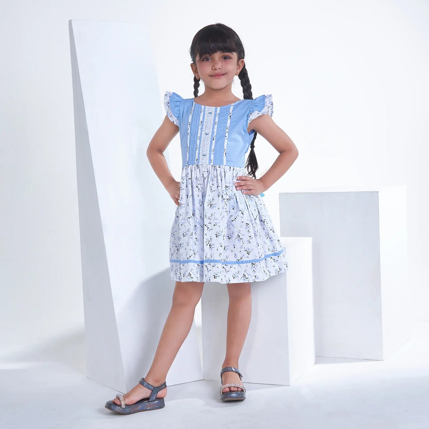 Blue With Floral Print Girls Summer Dress