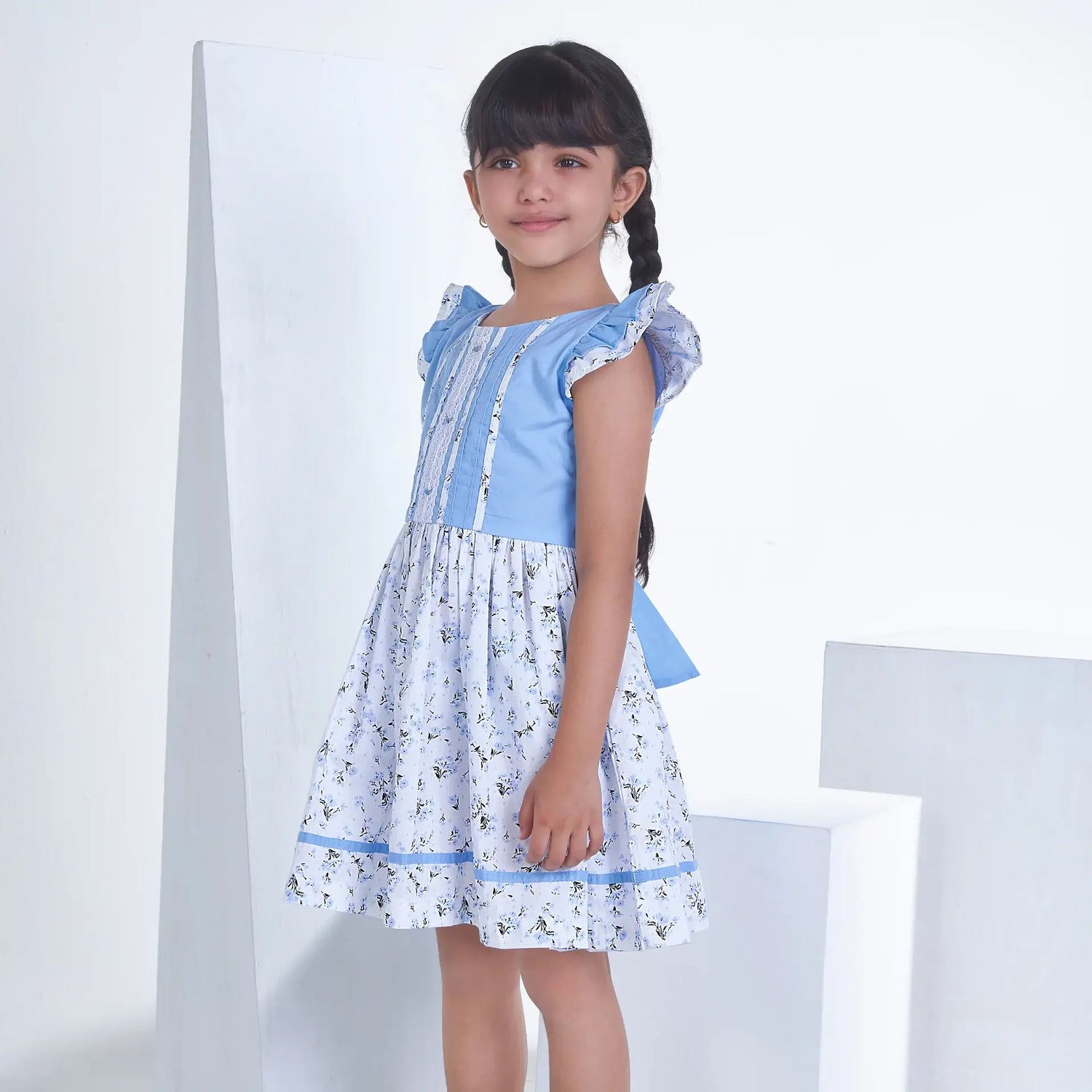 Blue With Floral Print Girls Summer Dress