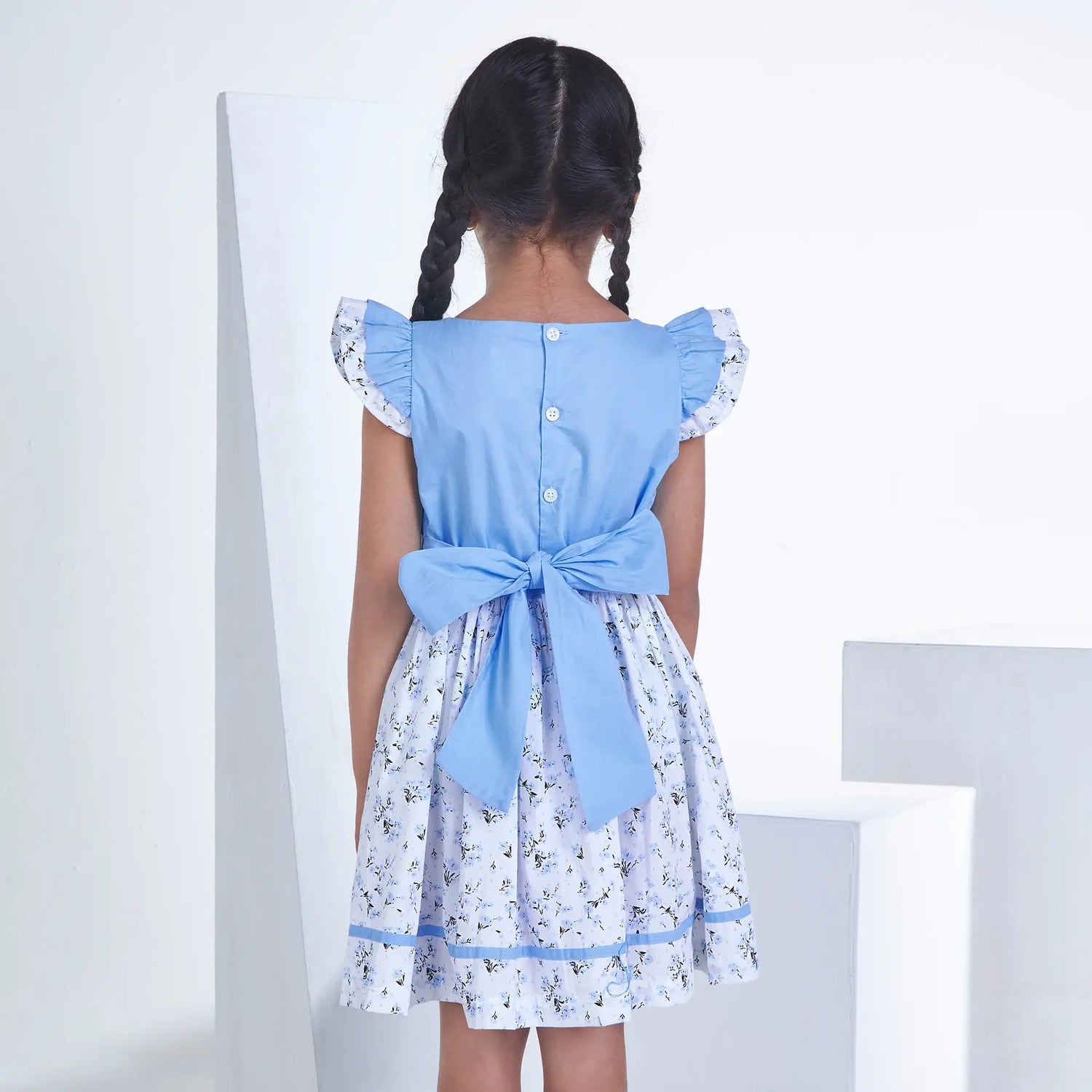 Blue With Floral Print Girls Summer Dress