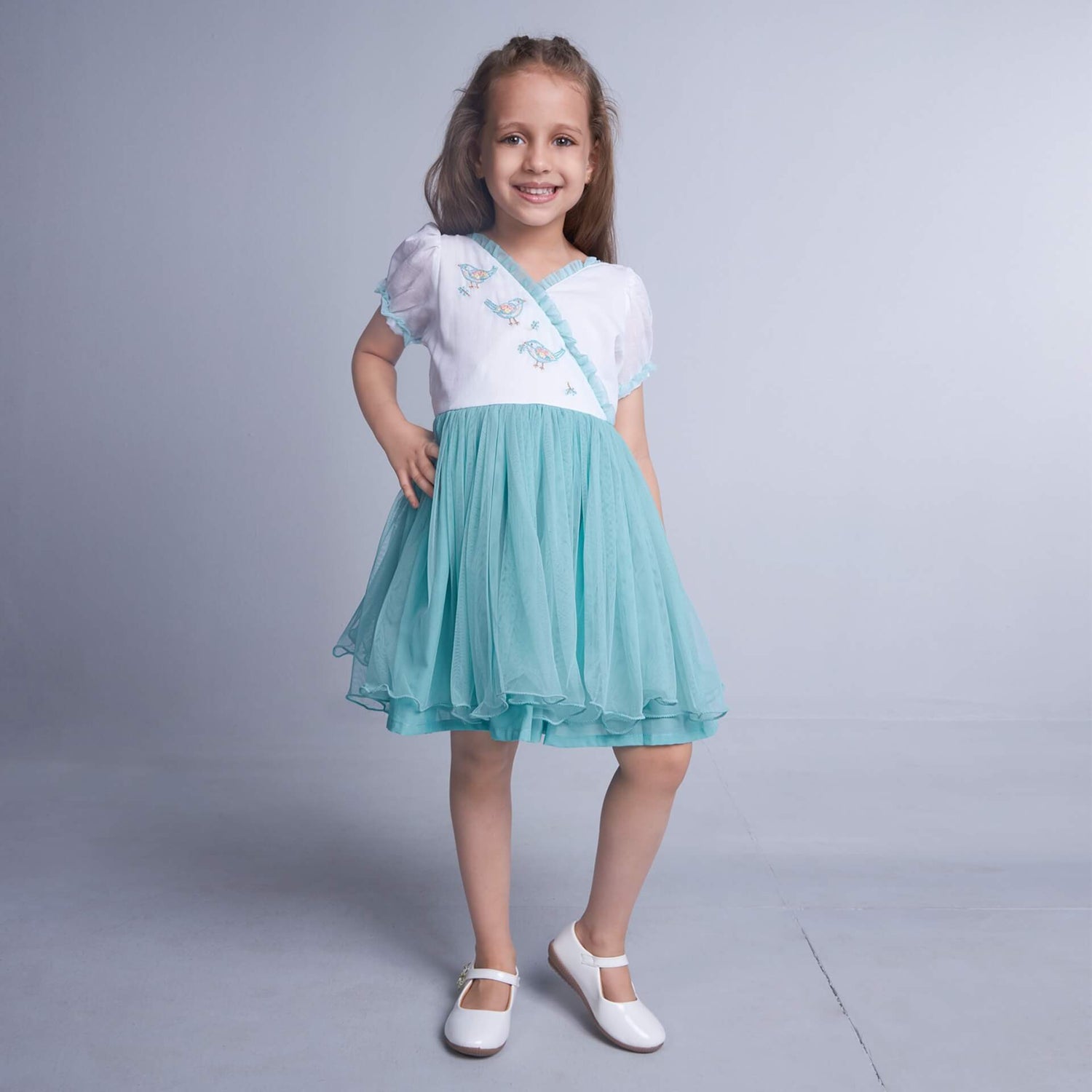 In a long picture, a model wears an aqua blue embroidered dress with delicate pastel bird embroidery