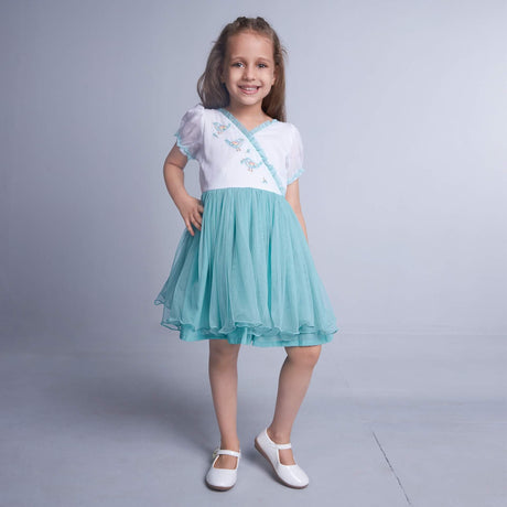 In a long picture, a model wears an aqua blue embroidered dress with delicate pastel bird embroidery