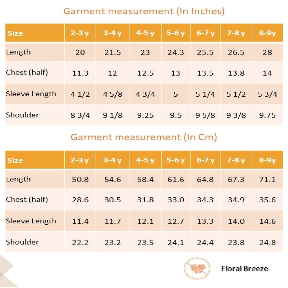 Size chart of white floral printed girls dress