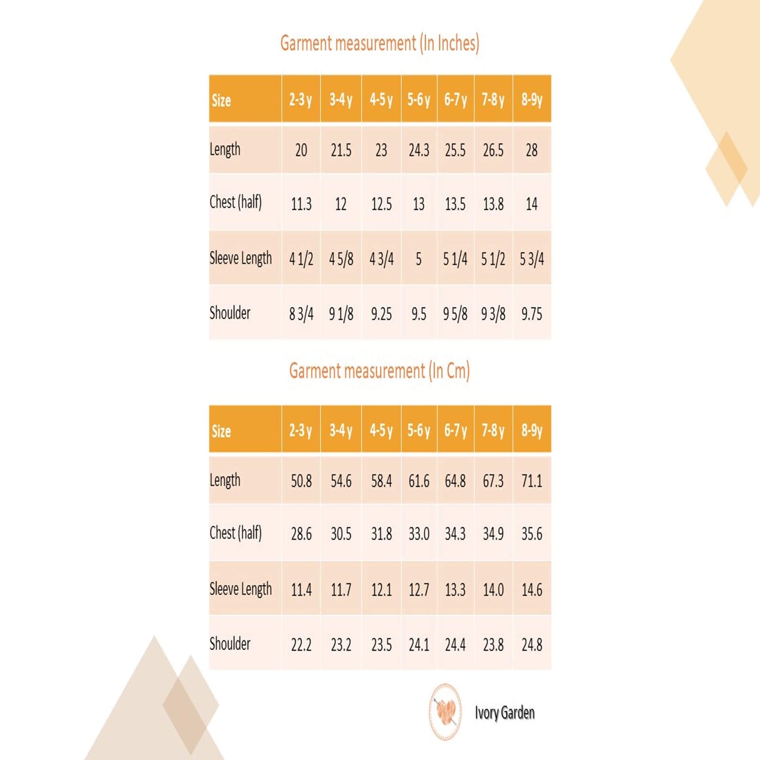 Size chart of floral printed white girls dress