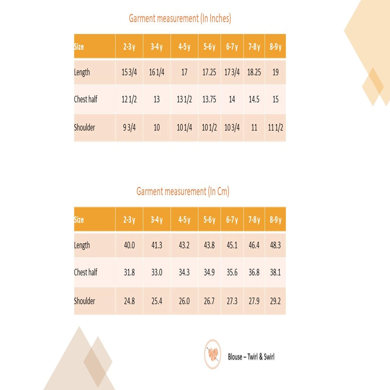 Size chart of an ivory embroidered ruffle blouse