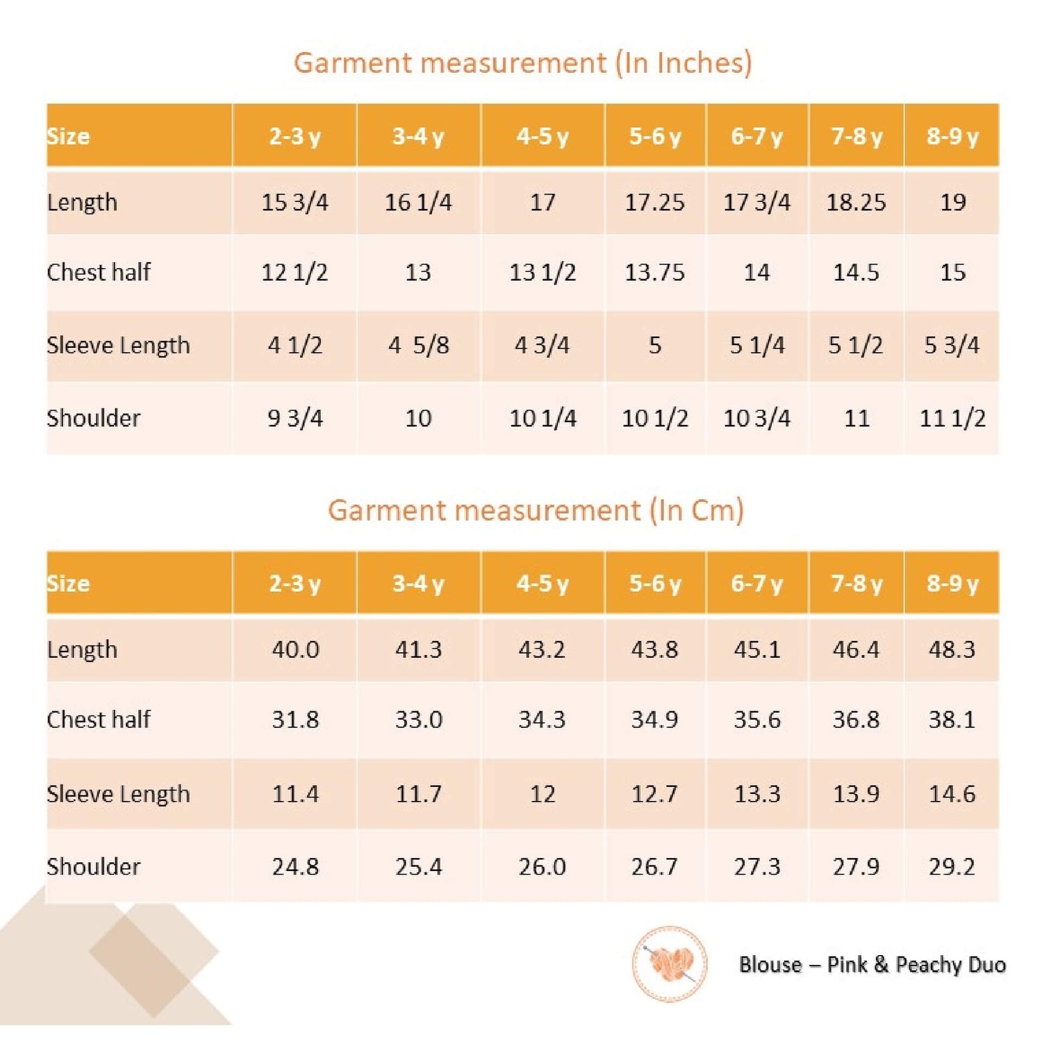 Size chart of pink embroidered ruffle blouse