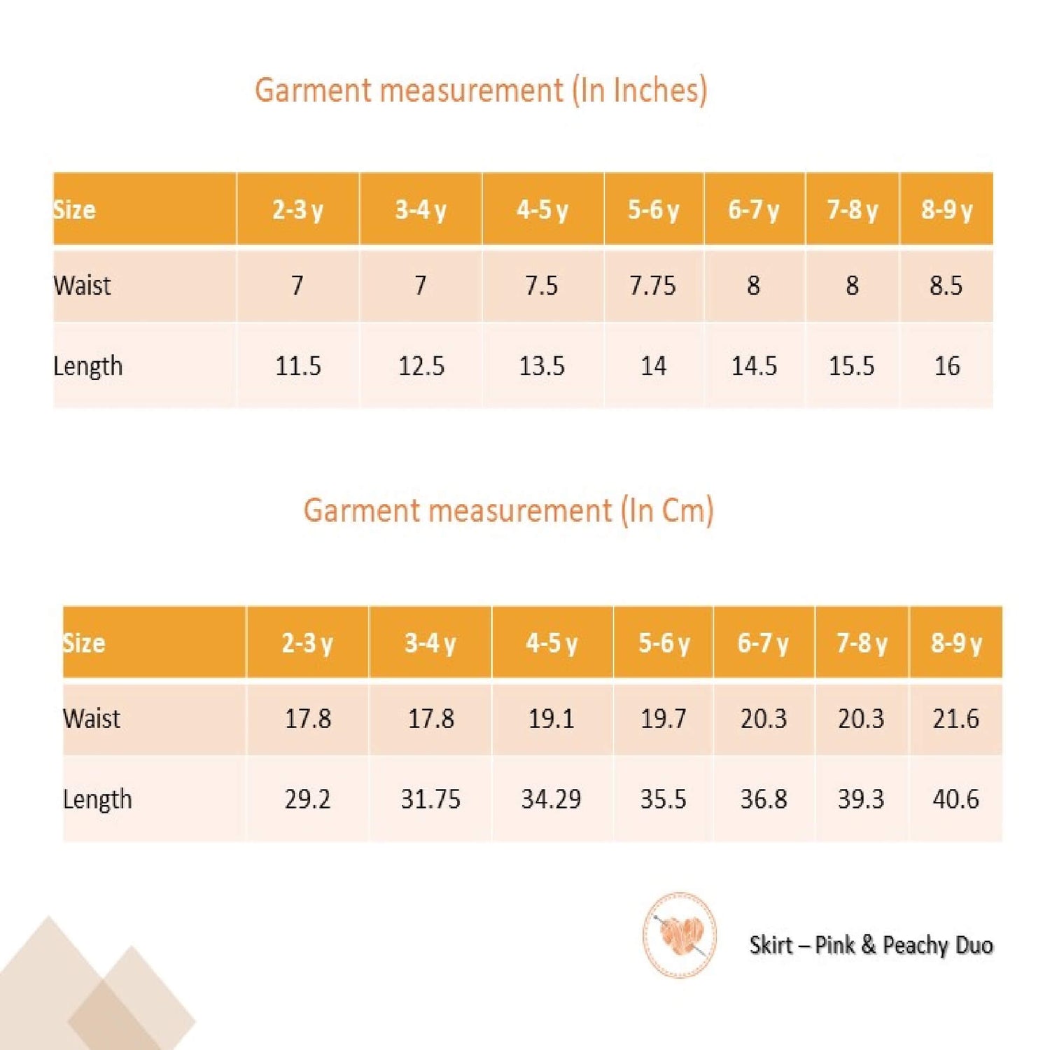 Size chart of peach floral printed high waist skirt