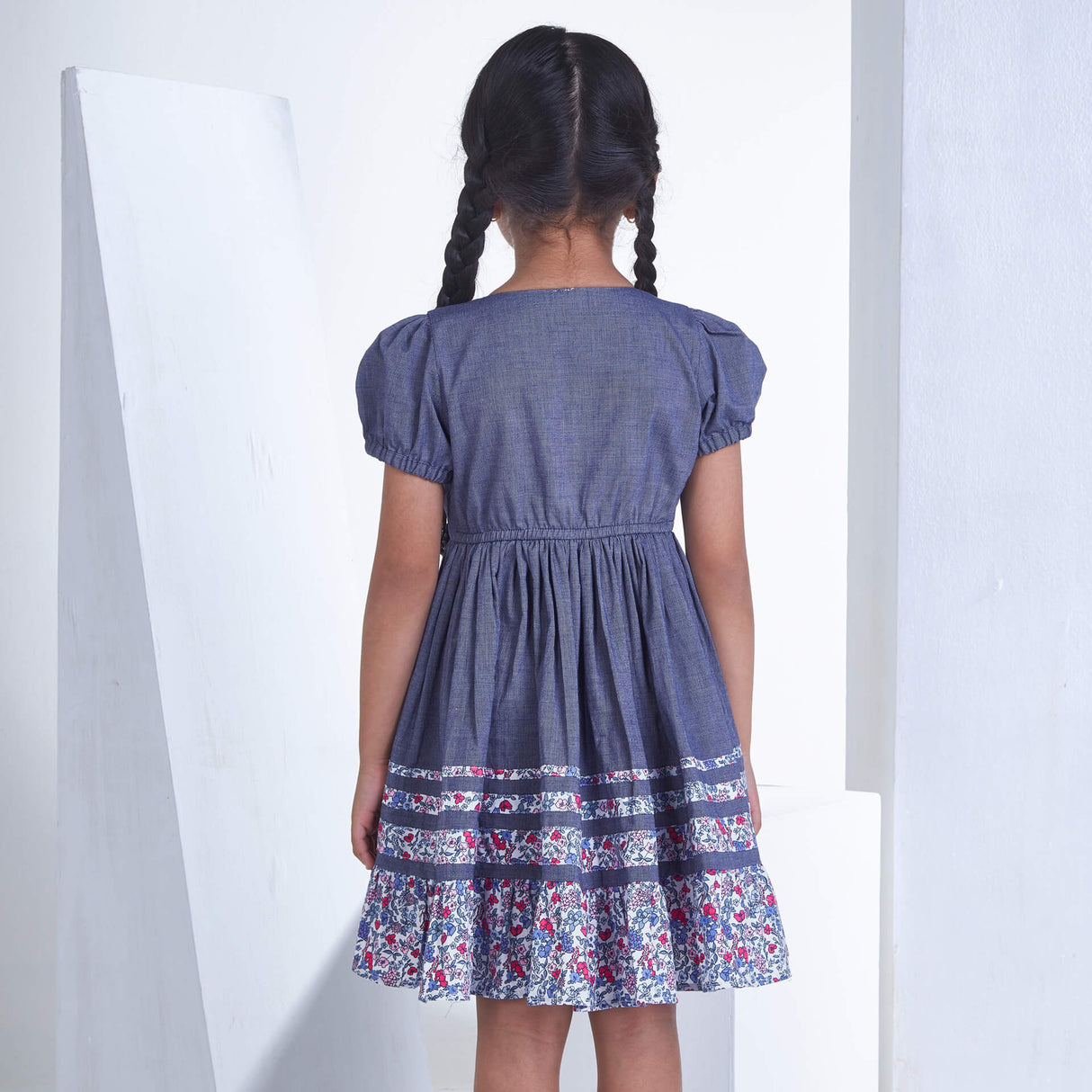 Navy Flower Applique Cotton Girls Dress