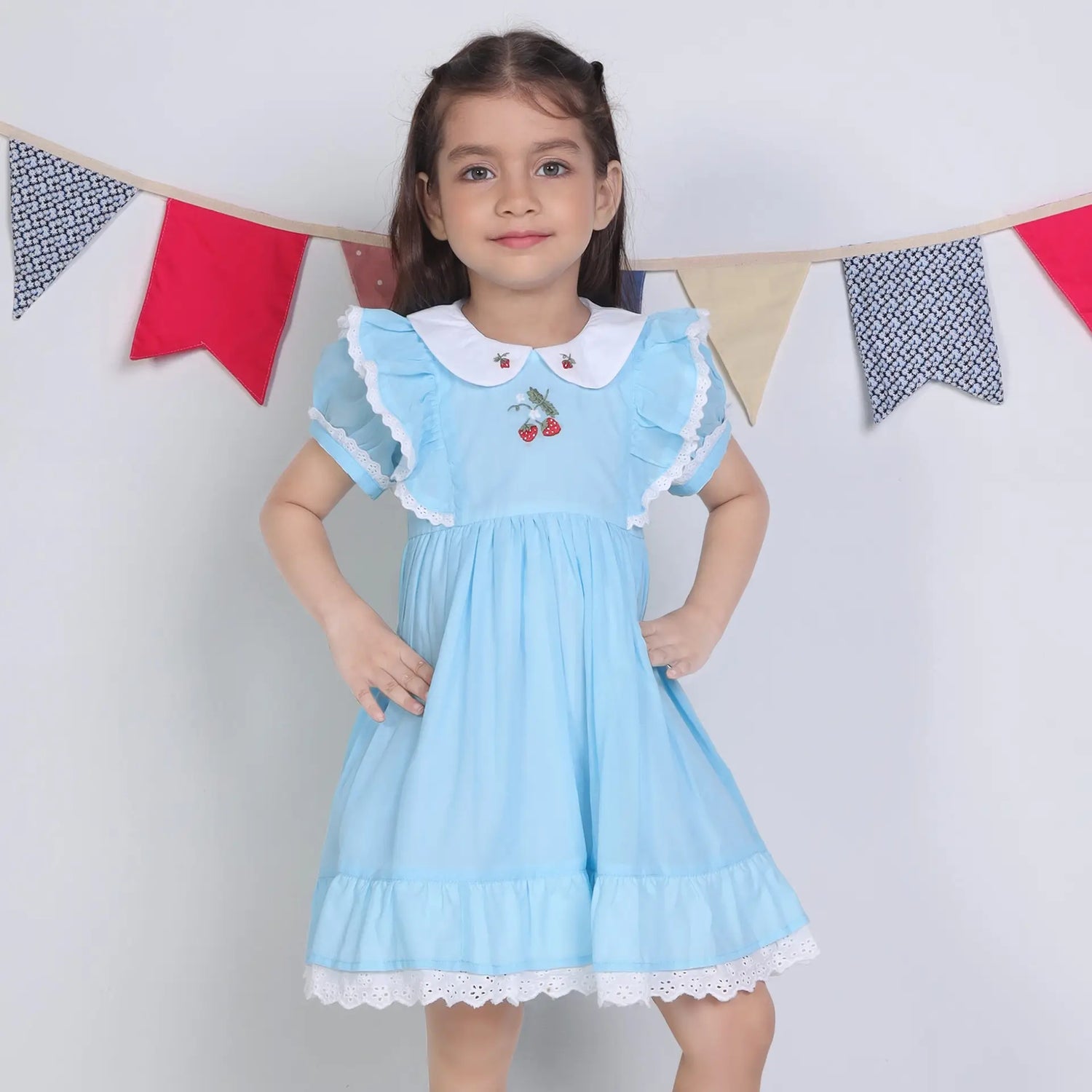 A little girl dressed in a blue embroidered cotton puffed sleeves dress.