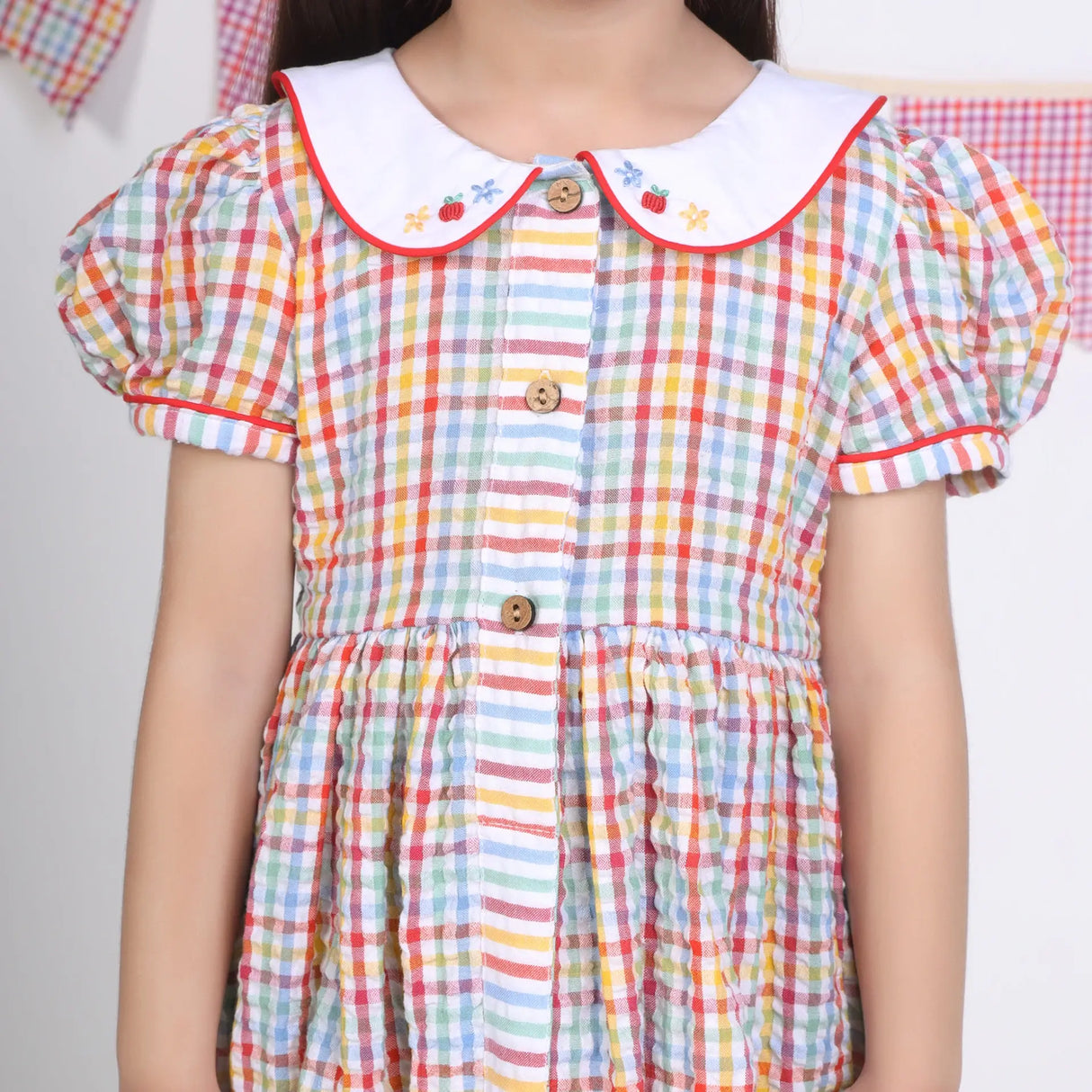 Close-up of the multi-color checked embroidered cotton puffed sleeves dress.