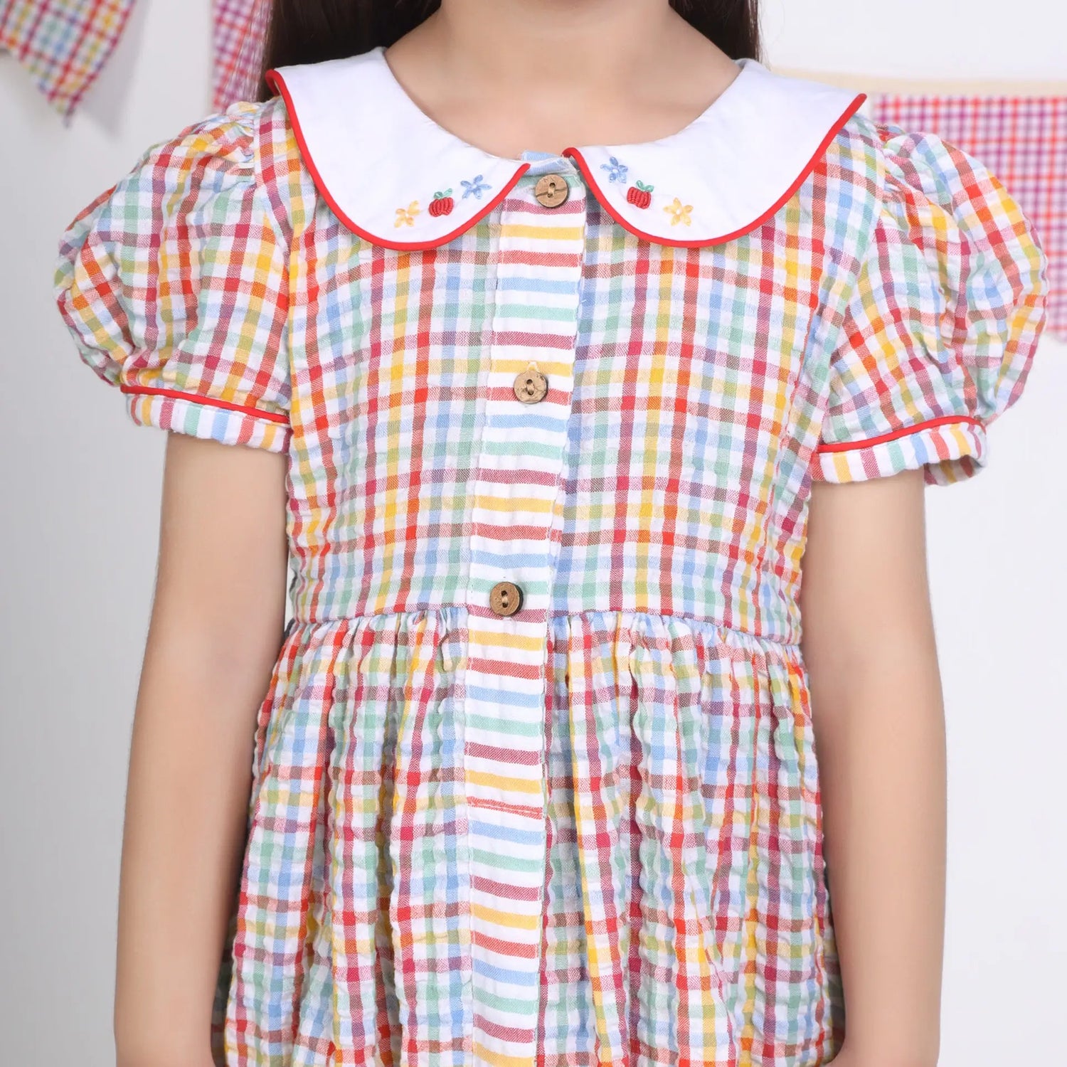 Close-up of the multi-color checked embroidered cotton puffed sleeves dress.
