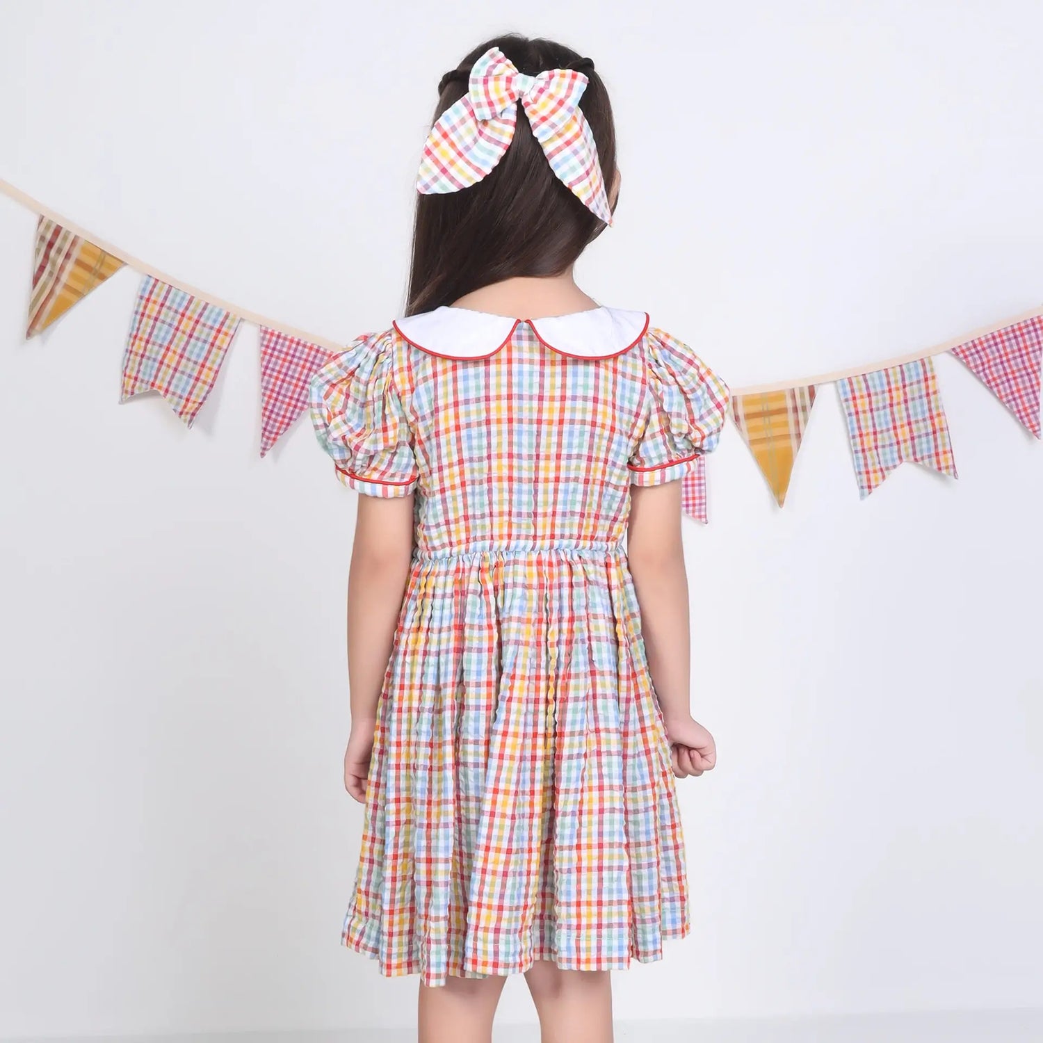 Back pose of a girl in a multi-color checked embroidered cotton puffed sleeves dress.