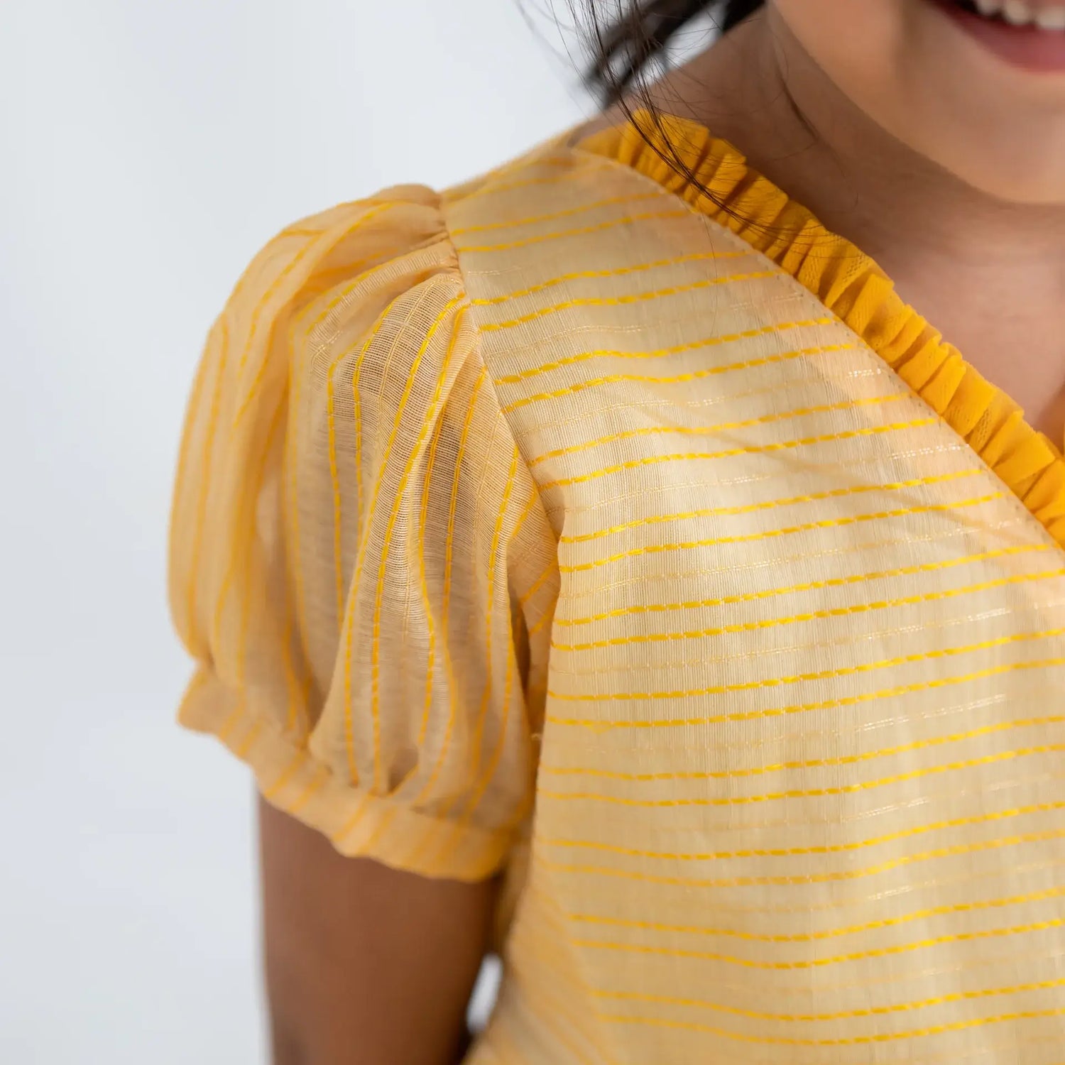 "Close-up of the puff sleeves and crossover neckline on the yellow crossover chanderi dress."