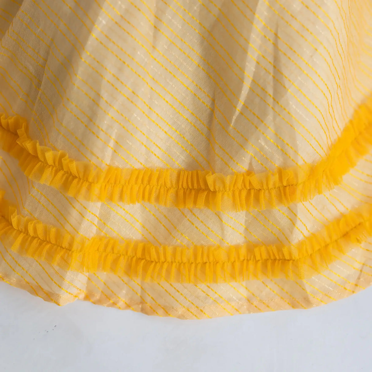 "Close-up of the tulle ruffles on the yellow crossover chanderi puffed sleeves dress."